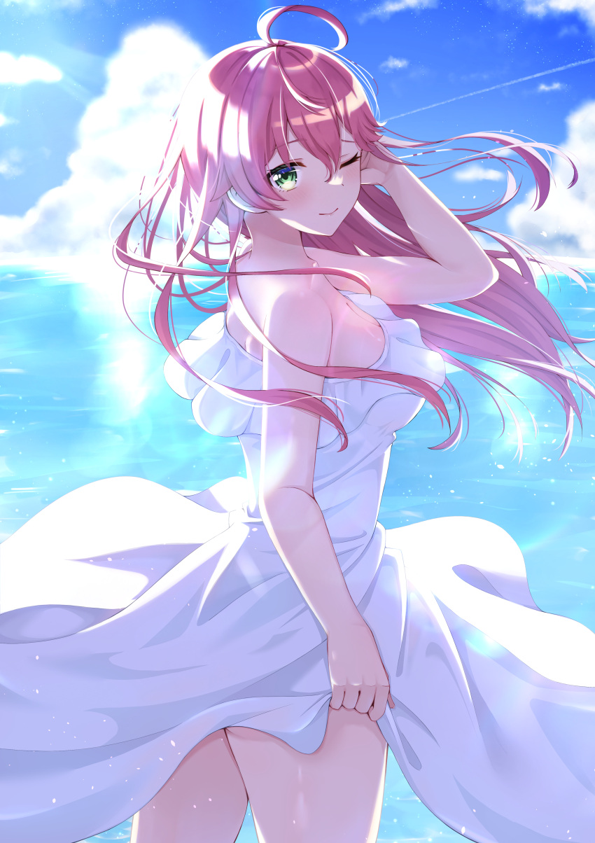 absurdres ahoge alternate_costume arm_up blue_sky breasts cleavage closed_mouth dress female frilled_dress frills from_side green_eyes hand_on_own_head highres hololive horizon long_hair looking_at_viewer medium_breasts mira_bluesky3 ocean one_eye_closed open_mouth pink_hair sakura_miko skirt_hold sky smile solo sunlight thighs turning_head virtual_youtuber white_dress wind wind_lift