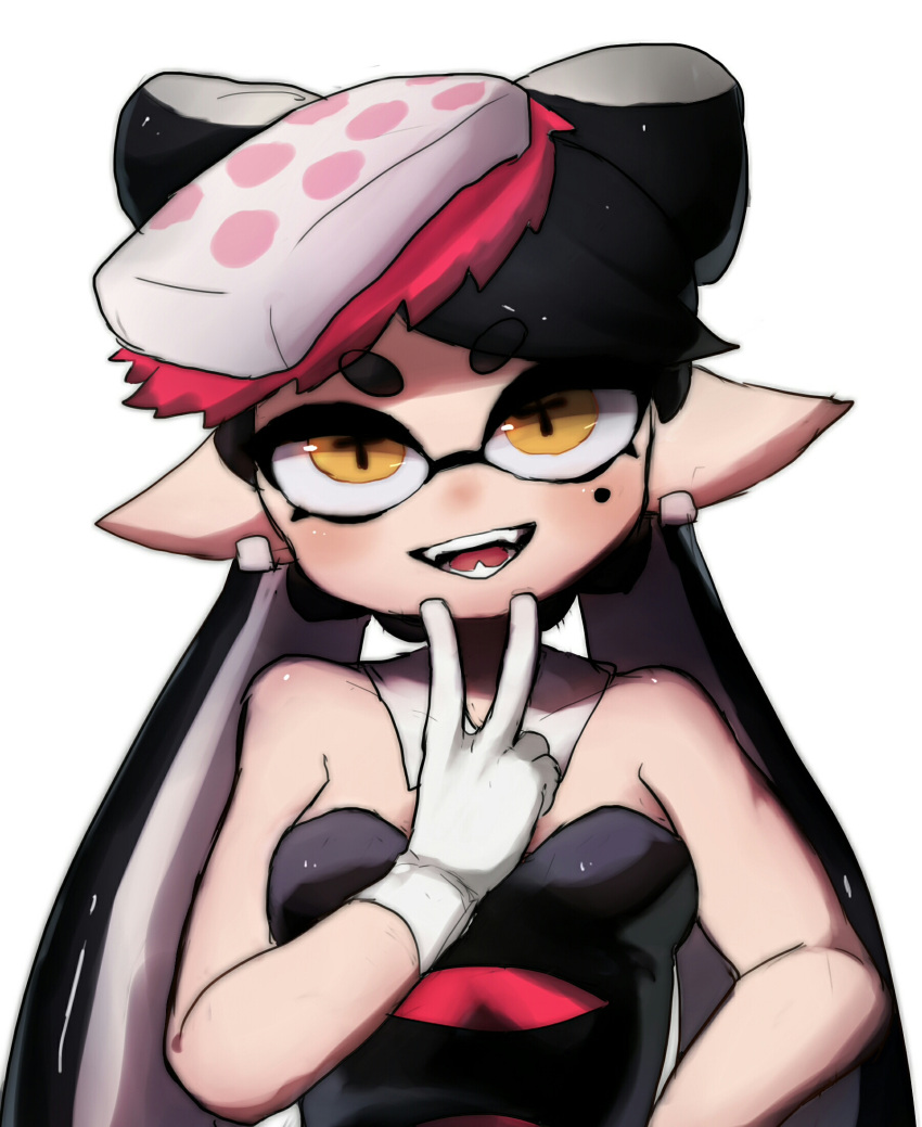 +_+ black_hair callie_(splatoon) dress earrings fangs female food food_on_head highres inkling jewelry long_hair looking_at_viewer mole mole_under_eye object_on_head open_mouth pointy_ears smile solo splatoon_(series) splatoon_1 tentacle_hair wuju59 yellow_eyes