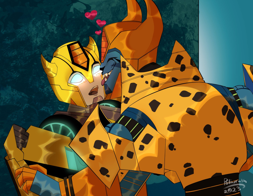 anthro blush bumblebee_(transformers) cheetah cheetah_spots cheetor closed_eyes cute_fangs cybertronian duo face_lick felid feline grabbing_hand hasbro heart_symbol hi_res humanoid kissing licking machine male male/male mammal ppoliwrath robot spots surprise_kiss surprised_expression takara_tomy tongue transformers transformers:cyberverse