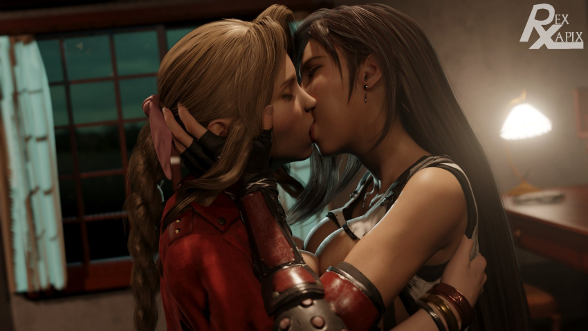 2girls aerith_gainsborough artist_name bangle bare_shoulders black_hair black_skirt blender_(medium) bracelet braid braided_ponytail breast_press breasts brown_hair closed_eyes crop_top cropped_jacket earrings elbow_gloves elbow_pads final_fantasy final_fantasy_vii final_fantasy_vii_rebirth final_fantasy_vii_remake fingerless_gloves french_kiss gloves hair_ribbon hand_on_another's_face highres jacket jewelry kissing large_breasts long_hair low-tied_long_hair medium_breasts multiple_girls parted_bangs pink_ribbon red_jacket rexlapis07 ribbon shirt sidelocks single_elbow_pad skirt suspender_skirt suspenders suspenders_gap symmetrical_docking tank_top taut_clothes taut_shirt teardrop_earrings tifa_lockhart tongue white_tank_top yuri