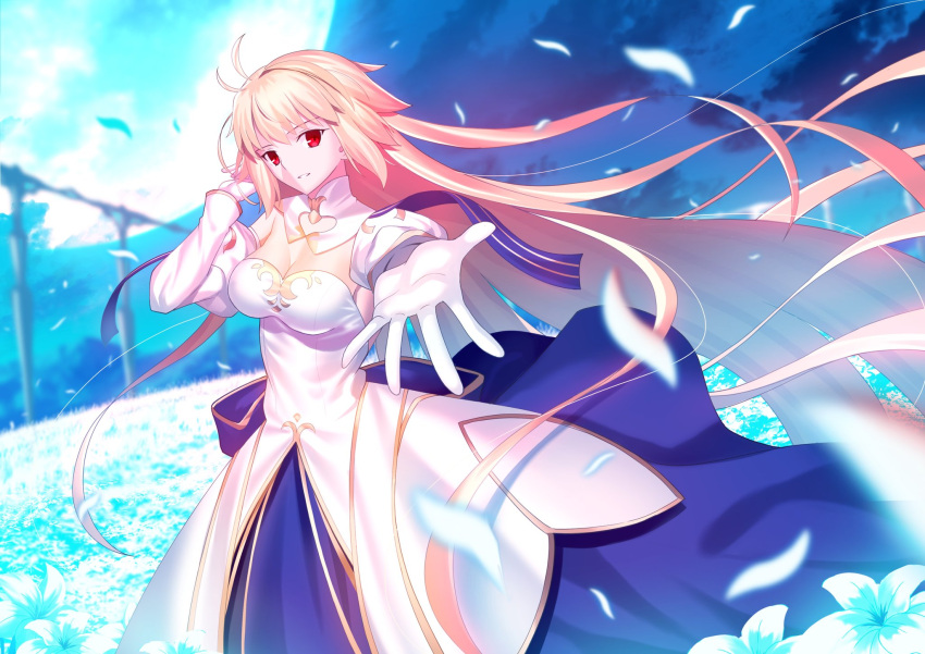 antenna_hair archetype_earth arcueid_brunestud bare_shoulders blonde_hair blue_flower blue_skirt breasts cleavage dress fate/grand_order fate_(series) female field flower flower_field full_moon gloves hand_in_own_hair highres long_hair looking_at_viewer medium_breasts mishiro_(ixtlolton) moon multicolored_flower night night_sky reaching reaching_towards_viewer red_eyes skirt sky solo tsukihime very_long_hair white_dress white_flower white_gloves