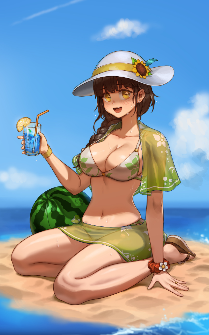 :d absurdres ball beach beachball bikini blue_hawaii blue_sky blush braid braided_ponytail breasts brown_hair cloud day drink drinking_straw earrings female floral_print flower green_bikini green_sarong green_shawl hair_over_shoulder hat hat_flower highres holding holding_drink ice ice_cube jewelry large_breasts long_hair looking_at_viewer mistcastle navel ocean original outdoors red_scrunchie sand sarong scrunchie see-through_clothes see-through_sarong sitting sky slippers smile solo stomach strap_gap stud_earrings sun_hat sunflower sweat swimsuit thighs tropical_drink two-tone_bikini water watermelon_beachball white_bikini white_hat wrist_scrunchie yellow_eyes yellow_wristband