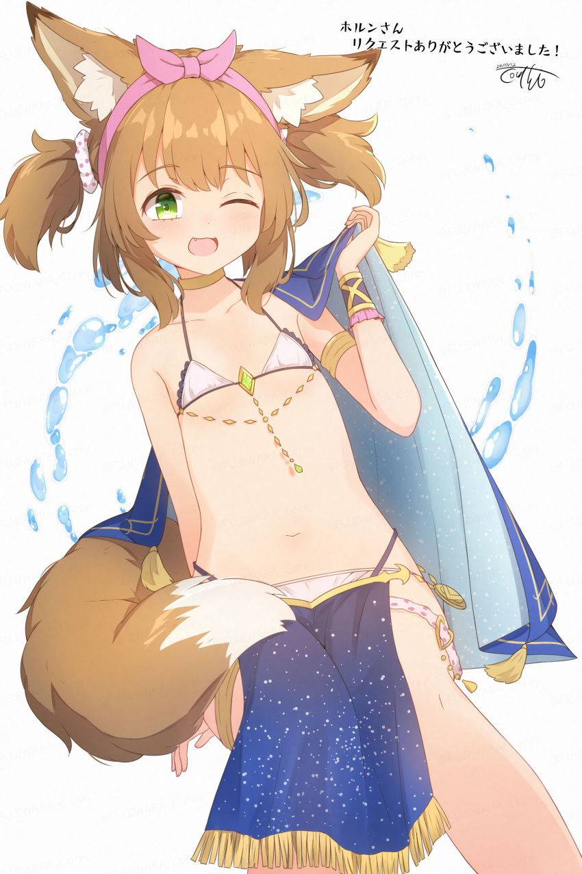 ;d absurdres animal_ear_fluff animal_ears bare_shoulders bikini blush breasts brown_hair character_name check_copyright commentary_request commission copyright_request coreytaiyo dated female fox_ears fox_girl fox_tail fringe_trim green_eyes grey_background hairband hand_up highres itsuwari_alice looking_at_viewer navel oerba_yun_fang one_eye_closed pink_hairband signature simple_background skeb_commission small_breasts smile solo swimsuit tail translation_request twintails water white_bikini