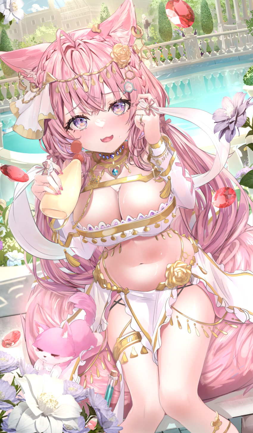 :3 :d alternate_costume animal_ear_piercing animal_ears antenna_hair blush bottle bracelet braid breasts chest_harness choppy_bangs cleavage commentary_request crossed_bangs crown_braid day detached_sleeves female flower garden gem gold_necklace gold_thighlet hai_0013 hair_between_eyes hair_flower hair_ornament hakui_koyori hand_up harem_outfit harness hexagon_hair_ornament highleg highres holding holding_bottle hololive jewelry knees_together_feet_apart kokoro_(hakui_koyori) large_breasts loincloth long_hair looking_at_viewer low_twintails mayonnaise_bottle navel necklace oerba_yun_fang outdoors pink_hair pink_nails pond purple_eyes red_gemstone ring sidelocks sitting smile solo stomach tail test_tube thighlet twintails very_long_hair virtual_youtuber white_bustier white_sleeves wolf_ears wolf_girl wolf_tail