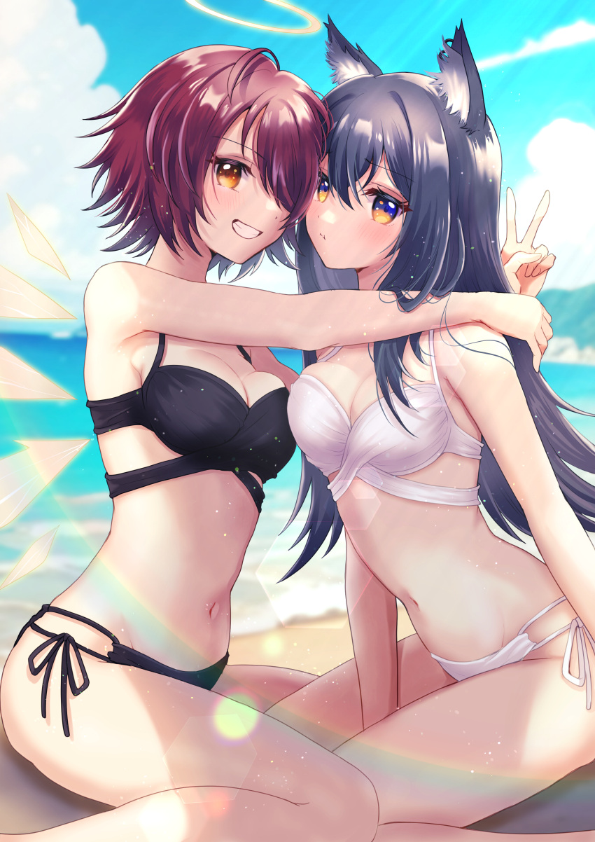 2girls absurdres animal_ears arknights beach bikini black_bikini black_hair breasts chiwa_(chiwawanwan1206) cleavage commentary_request day detached_wings energy_wings exusiai_(arknights) highres light_particles long_hair looking_at_viewer medium_breasts multiple_girls navel orange_eyes outdoors partial_commentary red_hair short_hair stomach swimsuit tail texas_(arknights) white_bikini wings wolf_ears wolf_girl wolf_tail yuri