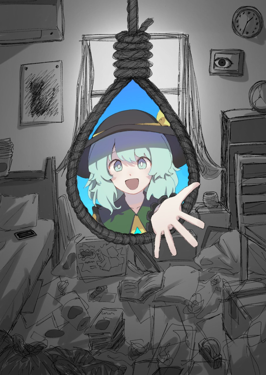 :d black_hat blouse bow chair clock commentary_request female green_eyes green_hair hat hat_bow highres indoors komeiji_koishi looking_at_viewer messy_room noose open_mouth outstretched_arm painting_(object) shirt smile solo touhou usinohone wall_clock window yellow_bow yellow_shirt