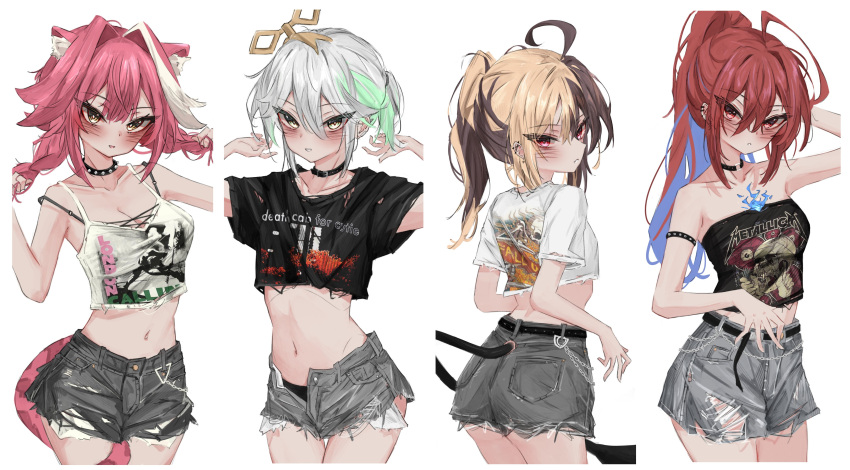 4girls :d :o absurdres ahoge akarinnndesu alternate_costume animal_ear_fluff animal_ears arm_up armband armlet armpit_crease arms_up barbell_piercing bare_arms bare_shoulders belt between_legs black_belt black_bra black_choker black_collar black_panties black_shorts blue_fire blue_hair blush bra bra_strap braid breasts brown_hair cecilia_immergreen chain_belt chains choker collar collarbone colored_inner_hair crop_top cropped_shirt death_cab_for_cutie_(band) denim denim_shorts denim_skirt doll_joints ear_piercing earrings elizabeth_rose_bloodflame fallout_(band) fire gigi_murin green_eyes green_hair grey_hair grey_shorts hair_between_eyes hair_intakes hand_in_own_hair hand_on_own_head highres holoadvent hololive hololive_english huge_ahoge industrial_piercing jeans jewelry joints london_calling looking_at_viewer looking_back medium_breasts metallica midriff multicolored_hair multiple_girls navel no_tail o-ring o-ring_choker oerba_yun_fang off_shoulder open_fly panther_ears panther_girl panther_tail panties pants piercing pink_hair print_shirt purple_eyes raora_panthera red_eyes red_hair shirt short_hair short_shorts shorts simple_background skin_fang skirt small_breasts smile spiked_armlet spiked_collar spikes stomach strapless strapless_shirt streaked_hair tail tail_between_legs tank_top the_clash thighhighs thighs torn_clothes torn_jeans torn_pants twin_braids twintails two-tone_hair underwear virtual_youtuber white_background white_hair white_shirt winding_key