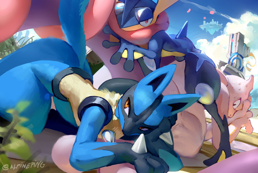 3others alsoalpine ass bent_over black_hair blue_fur blue_skin body_fur colored_skin furry greninja half-closed_eyes highres kneeling lucario lying mewtwo multiple_others pink_eyes pokemon pokemon_(creature) purple_eyes purple_skin red_eyes spikes super_smash_bros. sweat tail tongue yellow_fur