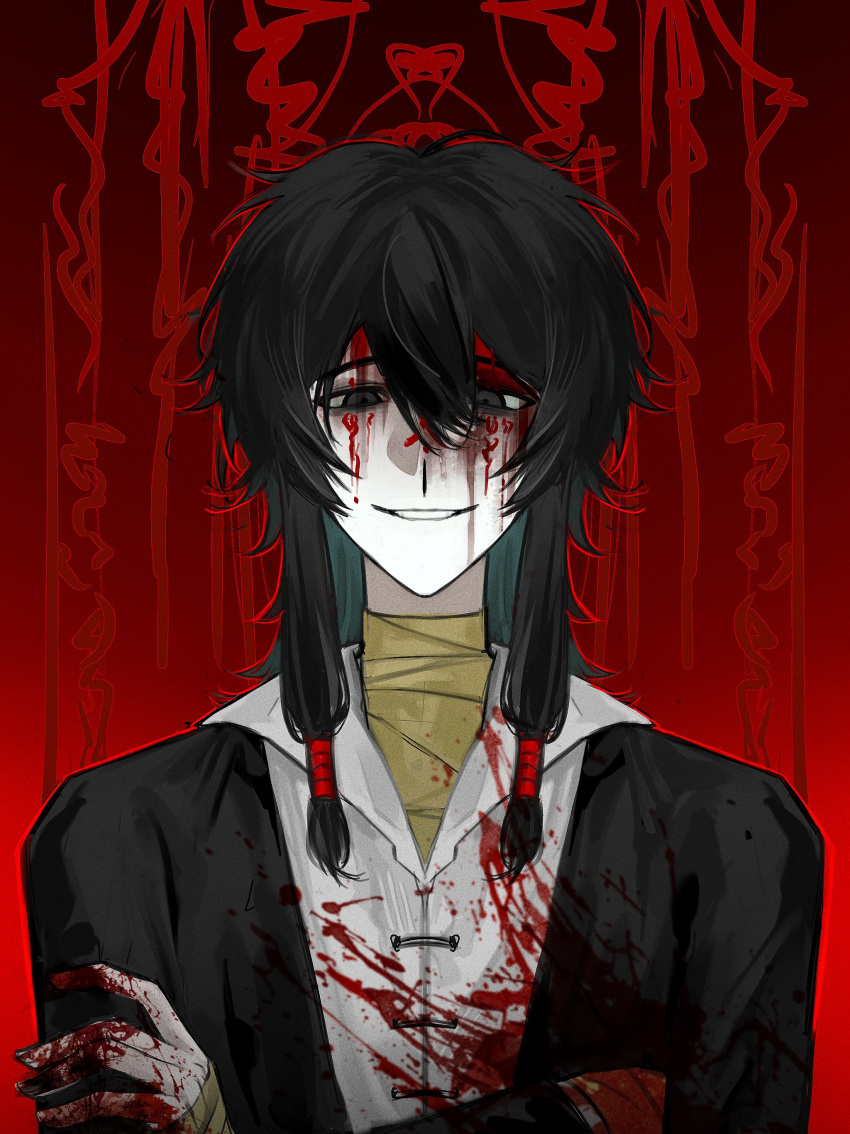 1boy absurdres anmixiu906 black_eyes black_hair black_jacket blood blood_on_clothes blood_on_face blood_on_hands chinese_commentary collared_shirt commentary_request crossed_arms facepaint film_grain grin hair_between_eyes highres jacket long_sleeves low-tied_sidelocks male_focus medium_hair open_clothes open_jacket pale_skin red_background shirt sidelocks smile solo touqi_guaitan upper_body variant_set white_shirt ziche_fuzhao