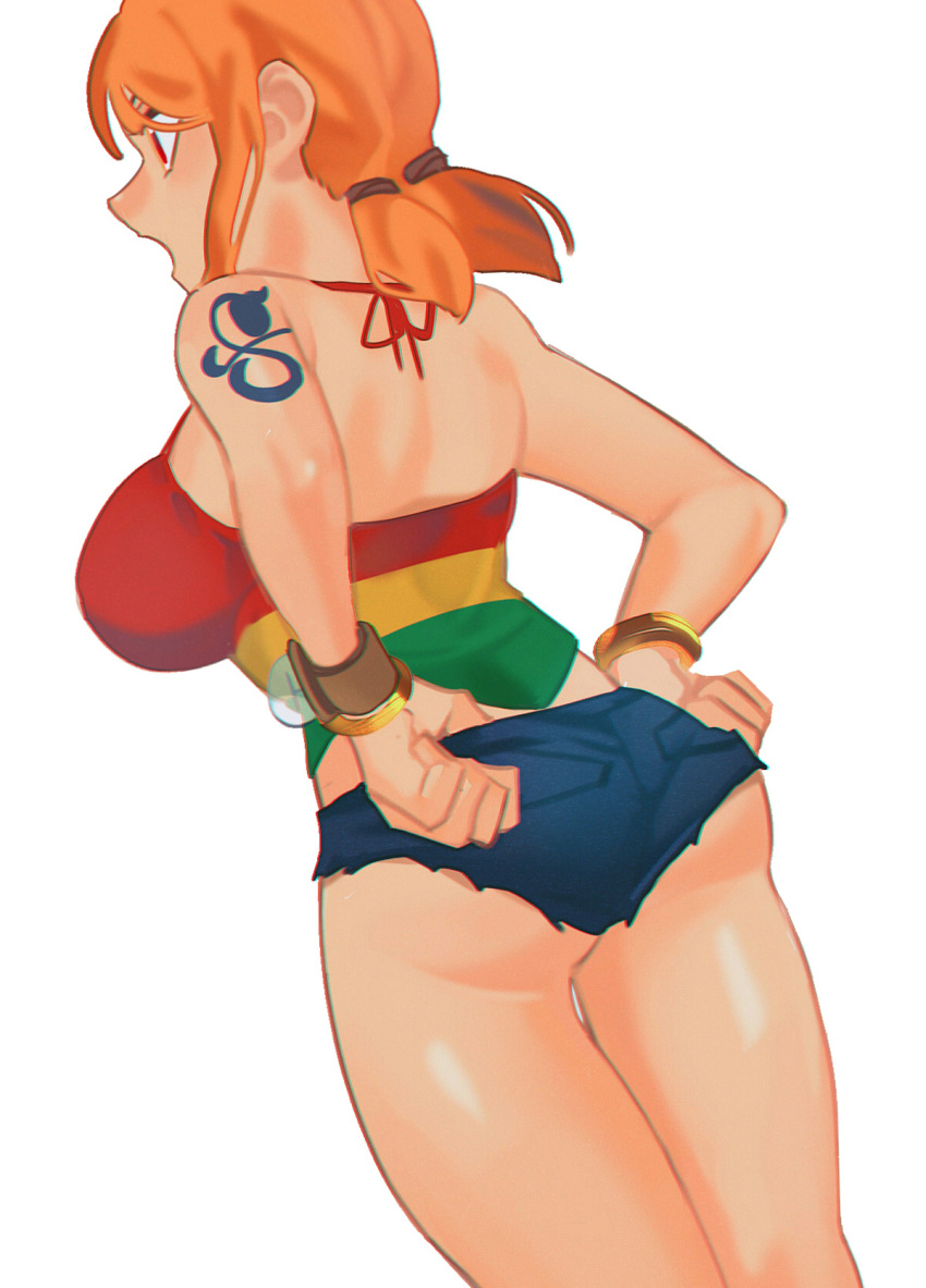 adjusting_clothes ass bangle bare_legs bare_shoulders bracelet breasts feet_out_of_frame female from_behind halterneck highres jewelry large_breasts log_pose low_twintails multicolored_shirt nami_(one_piece) official_alternate_costume official_alternate_hairstyle one_piece one_piece:_strong_world open_mouth orange_hair pandar_op red_eyes short_hair short_shorts shorts shoulder_tattoo solo tattoo twintails white_background