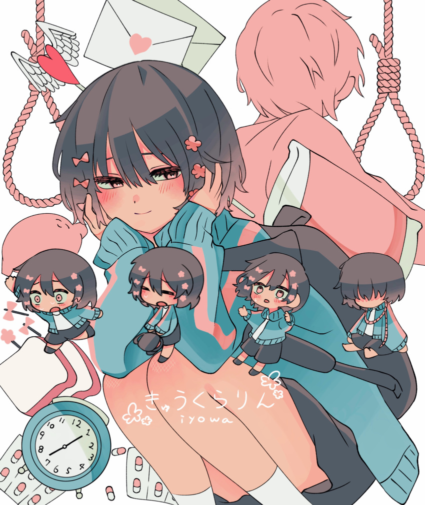 1boy a_(user_acpy4835) absurdres alarm_clock aqua_jacket backpack bag black_bag black_hair black_shorts bread bread_slice chibi chibi_inset clock closed_mouth copyright_name female food hands_on_own_cheeks hands_on_own_face heart highres holding holding_bag implied_suicide iyowa_girls jacket kurari-chan_(iyowa) kyu-kurarin_(cevio) looking_to_the_side love_letter noose pill pink_trim shirt short_hair shorts sitting smile solo_focus squatting toast white_background white_shirt