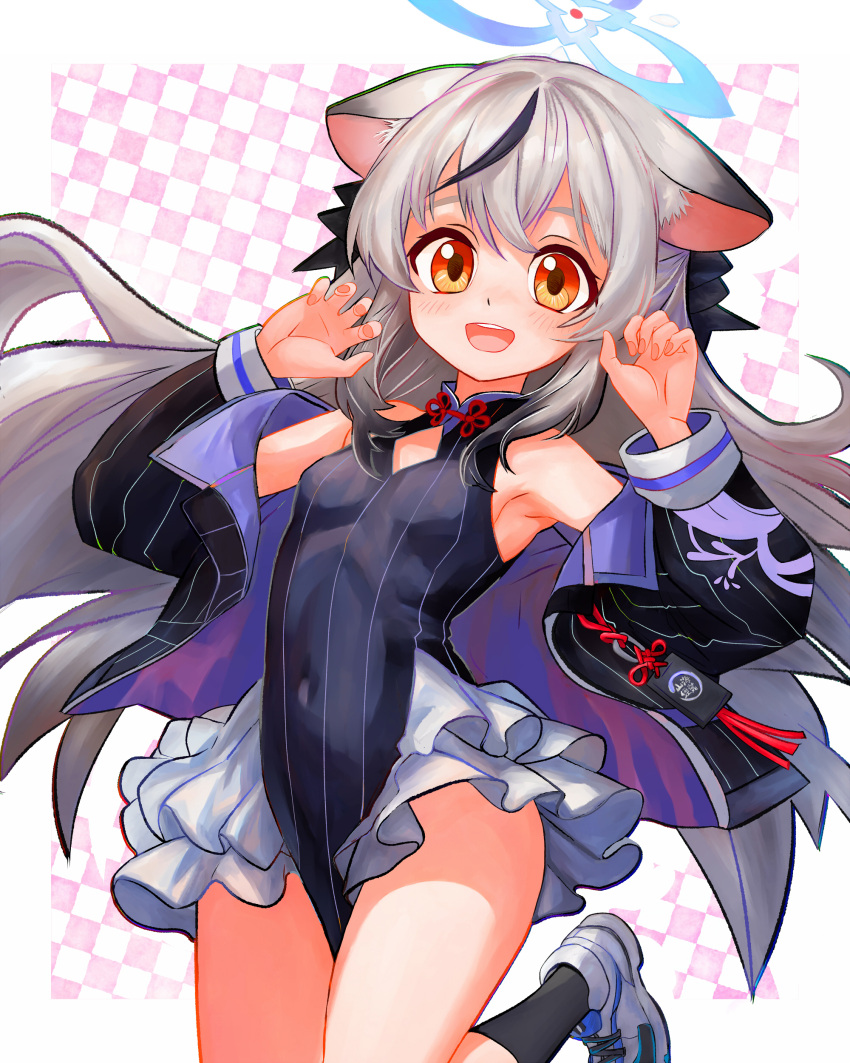 absurdres animal_ears blue_archive blush breasts china_dress chinese_clothes claw_pose commentary_request covered_navel diamond_cutout dress female grey_hair halo highres jacket kokona_(blue_archive) long_hair looking_at_viewer multicolored_hair open_clothes open_jacket open_mouth orange_eyes shoes small_breasts smile sneakers solo streaked_hair striped_clothes striped_dress tiger_ears tsukiyono_aroe vertical-striped_clothes vertical-striped_dress very_long_hair