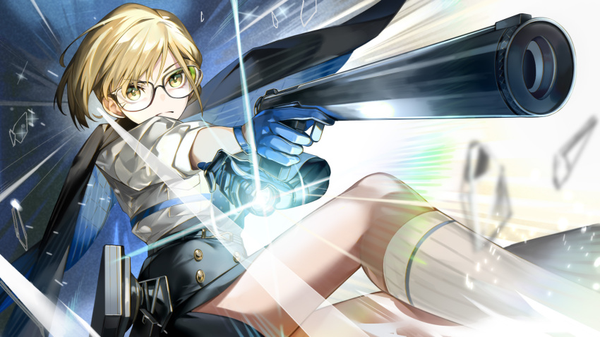 black_skirt blonde_hair blue_gloves bluebeel2 bolt_action closed_eyes commentary english_commentary feet_out_of_frame female flashlight girls'_frontline girls'_frontline_2:_exilium glasses gloves gun handgun high-waist_skirt highres holding holding_flashlight holding_gun holding_weapon kneehighs perspective shirt shirt_tucked_in skirt socks solo weapon welrod welrod_mkii_(girls'_frontline) white_shirt white_socks yellow_eyes