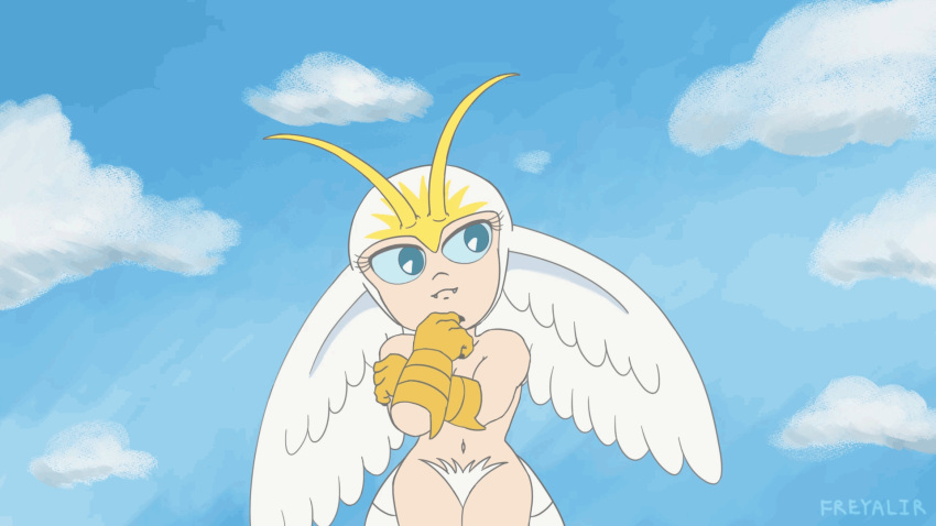 16:9 animated antennae_(anatomy) avian bird bird_demon blue_eyes chibi crotch_tuft demon devilman_(series) feathers female freyalir head_wings hi_res humanoid naturally_censored navel nether_region_fluff nude pondering short_playtime sirène_(devilman) solo tail tail_feathers talon_hands tuft unusual_wing_placement widescreen wings