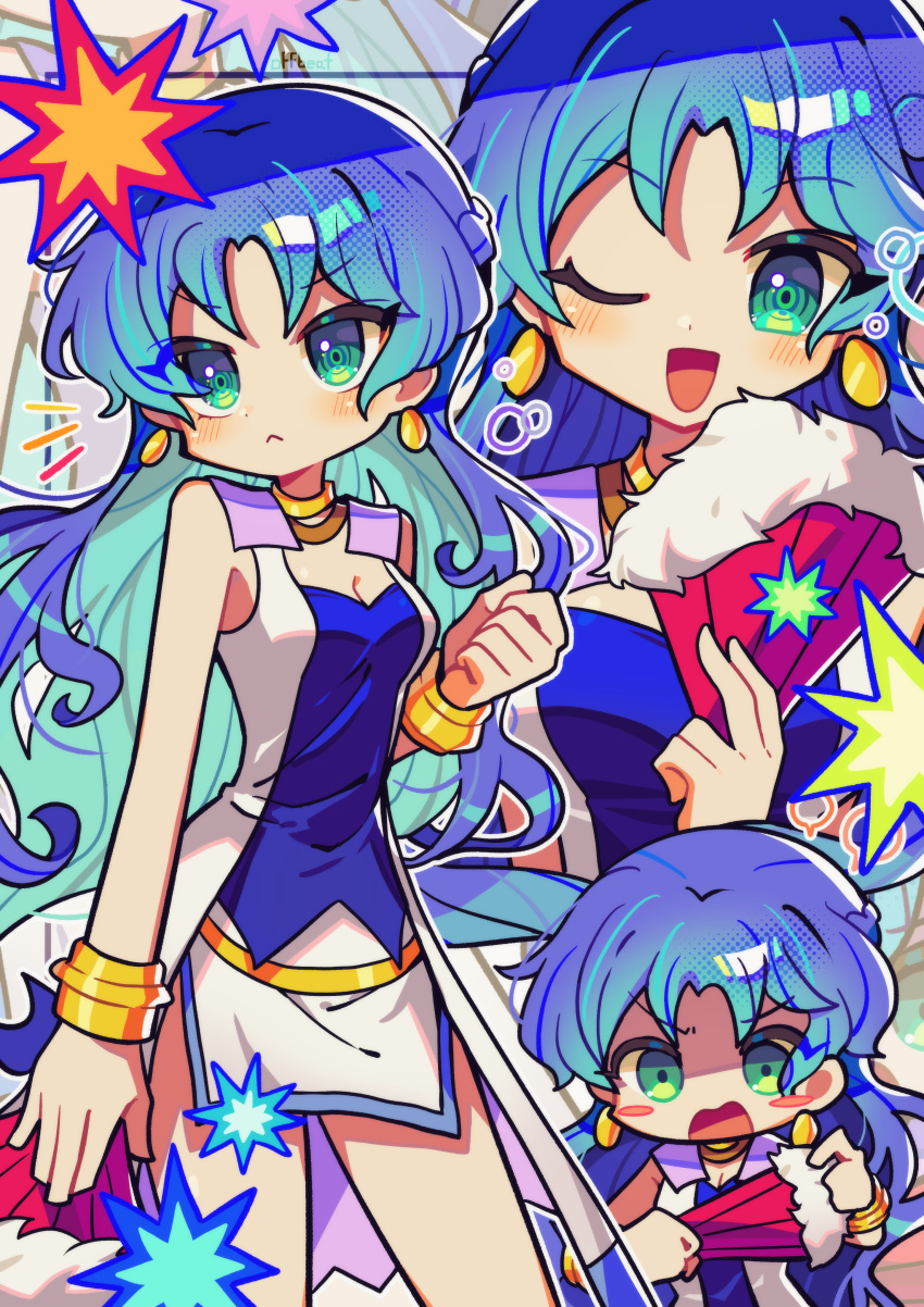 :< absurdres blue_hair blush bracelet breasts chibi cleavage closed_mouth earrings female green_eyes hand_fan highres holding holding_fan jewelry long_hair looking_at_viewer medium_breasts offbeat one_eye_closed puyopuyo rulue_(puyopuyo) sleeveless solo