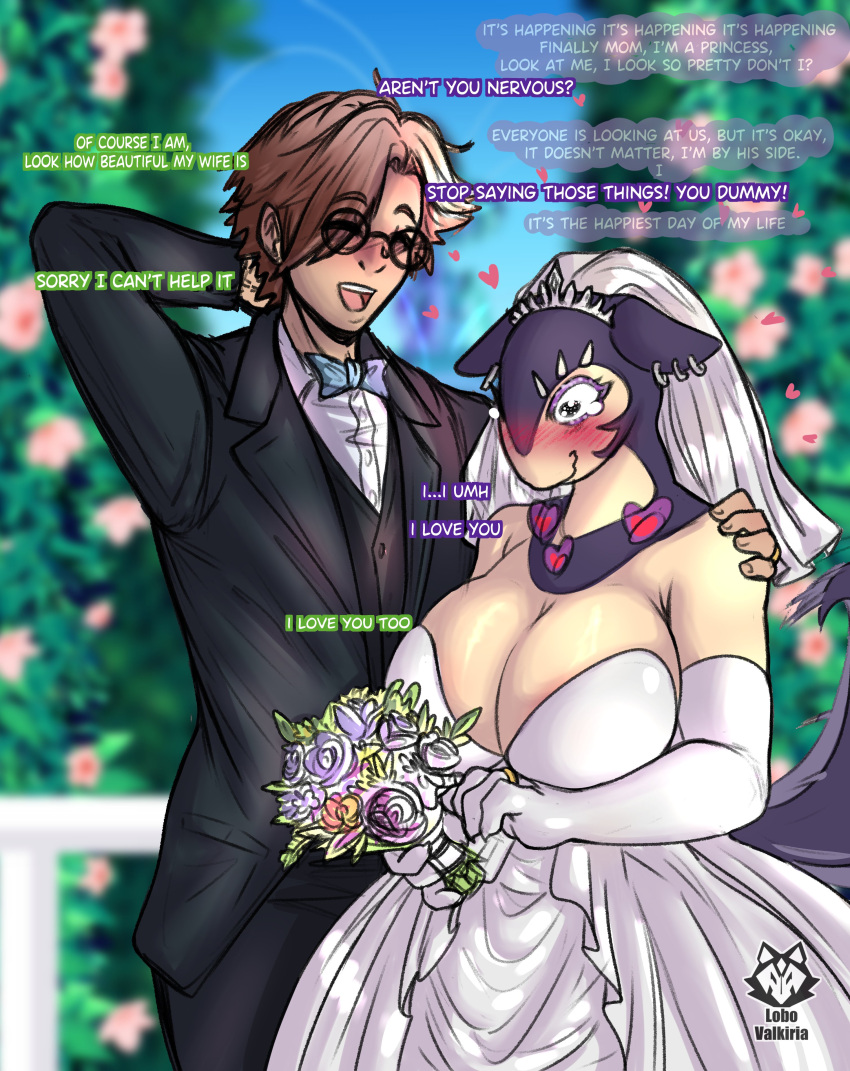 2024_pokemon_gigaleak absurd_res anthro arm_around_shoulders bare_shoulders big_breasts black_clothing black_suit black_tie_(suit) blurred_background blush blush_lines bodily_fluids bouquet breasts cleavage closed_eyes clothed clothing crying dialogue digit_ring dress duo ear_piercing ear_ring ears_down english_text eyebrow_piercing eyelashes eyelid_piercing eyeliner eyewear facial_piercing female female_anthro finger_ring flower flower_bouquet fully_clothed generation_8_pokemon glass glasses glistening glistening_body happy heart_symbol hearts_around_head hi_res hisuian_form hisuian_typhlosion holding_bouquet holding_flower holding_object human human_on_anthro i_love_you interspecies interspecies_romance jewelry lobovalkiria love makeup male male/female male_human mammal nervous_smile nintendo piercing pivoted_ears plant pokemon pokemon_(species) pokephilia raised_tail regional_form_(pokemon) ring ring_piercing romantic romantic_couple round_glasses smile standing suit tail tail_motion tailwag tears tears_of_joy text thought_bubble wavy_mouth wedding wedding_dress wedding_ring wedding_veil white_clothing white_dress