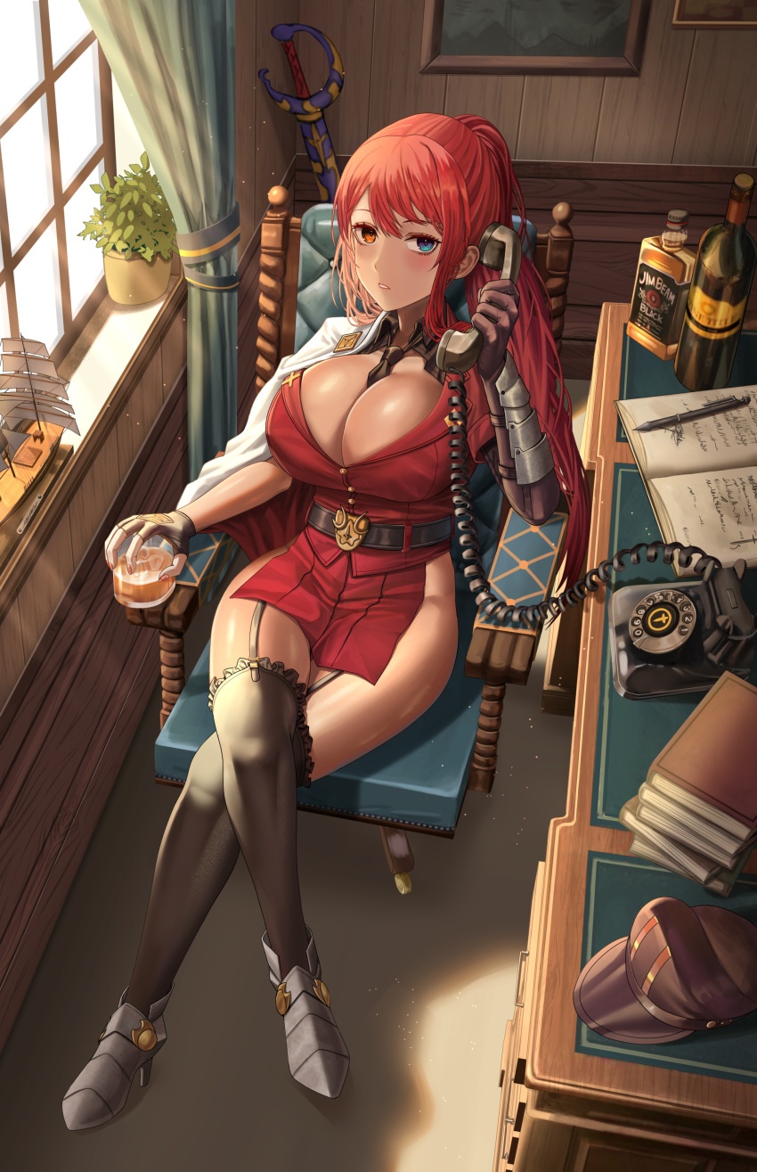 absurdres antique_phone arm_armor armored_shoes asymmetrical_gloves belt black_thighhighs book bottle breasts brown_hat cleavage commission corded_phone cup curtains dark-skinned_female dark_skin drink drinking_glass elbow_gloves female fingerless_gloves garter_straps glass gloves hat heterochromia high_heels highres holding holding_cup ice ice_cube indoors large_breasts military_hat military_uniform model_ship necktie notebook original parted_lips pelvic_curtain pen phone plant ponytail potted_plant red_hair red_shirt rotary_phone shiny_skin shirt silvertsuki single_elbow_glove single_fingerless_glove sword thighhighs thighs uneven_gloves weapon window wine_bottle wine_glass wooden_chair wooden_wall