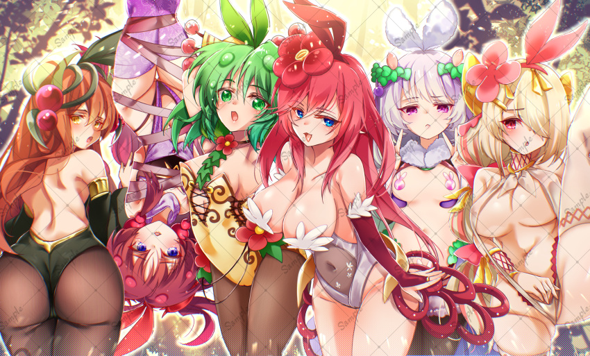 6+girls animal_ears ass az_mary black_leotard blonde_hair blue_eyes breasts brown_pantyhose covered_navel covered_nipples detached_sleeves duel_monster fake_animal_ears flower green_eyes green_hair green_leotard hair_flower hair_ornament highres large_breasts leg_up leotard looking_at_viewer looking_back multiple_girls pantyhose playboy_bunny purple_eyes red_hair sample_watermark traptrix_allomerus traptrix_atypus traptrix_cularia traptrix_pinguicula traptrix_rafflesia traptrix_sera watermark white_hair yellow_leotard yu-gi-oh!