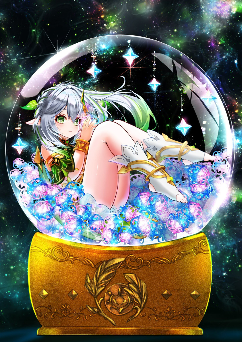 commentary_request dendro_symbol_(genshin_impact) female full_body genshin_impact gradient_hair green_eyes green_hair hair_between_eyes hair_ornament han_(riyonosyumi) highres holding intertwined_fate leaf_hair_ornament long_hair multicolored_hair nahida_(genshin_impact) pointy_ears primogem side_ponytail sitting solo star-shaped_pupils star_(symbol) stirrup_legwear symbol-shaped_pupils toeless_legwear toes white_hair