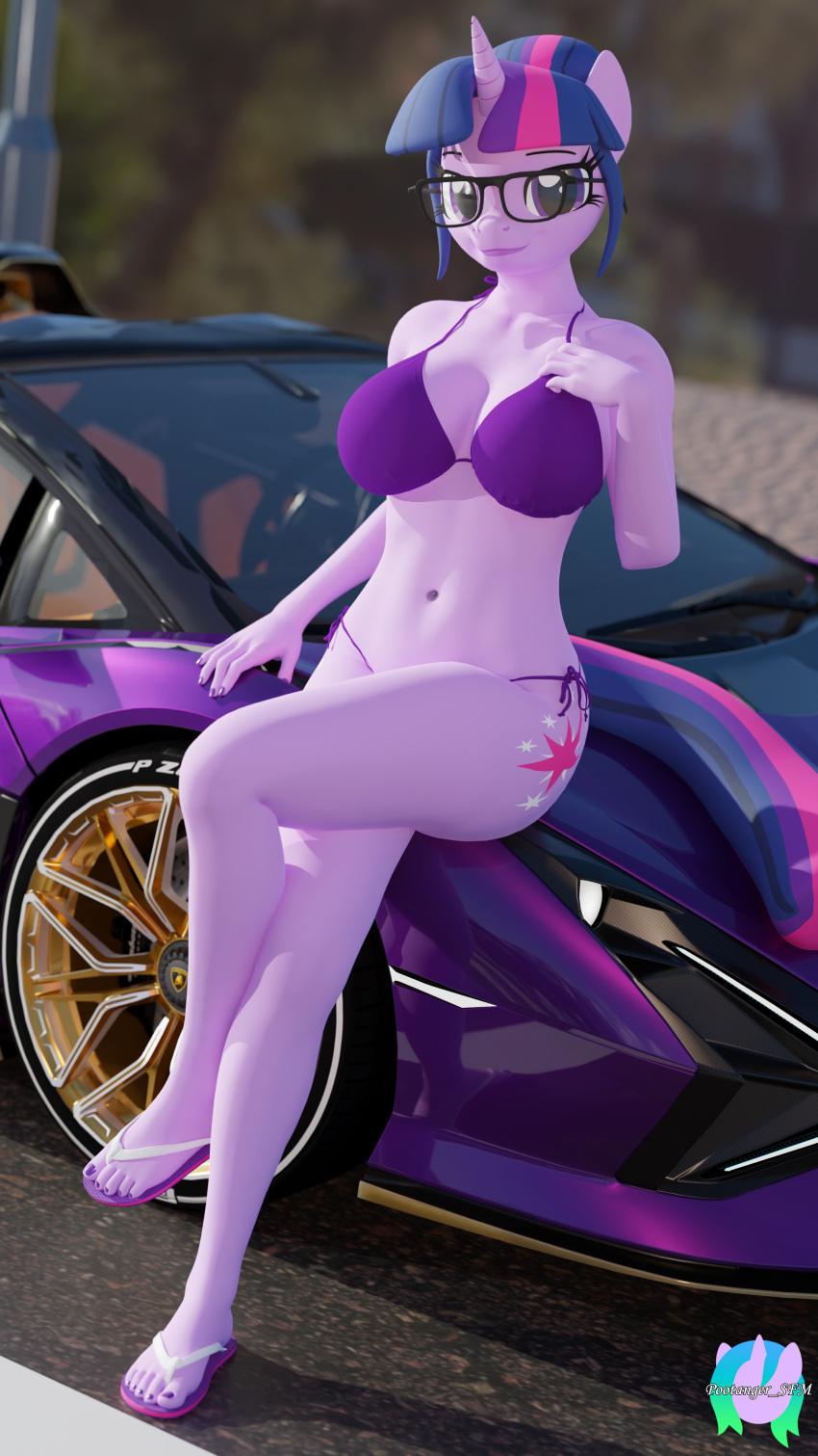 3d_(artwork) 4k 9:16 absurd_res anthro big_breasts bikini biped breasts car clothing crossed_legs digital_media_(artwork) equid equine eyewear female friendship_is_magic glasses hasbro hi_res horn looking_at_viewer mammal my_little_pony mythological_creature mythological_equine mythology navel outside pootanger_sfm purple_body side-tie_bikini solo string_bikini swimwear thick_thighs twilight_sparkle_(mlp) two-piece_swimsuit unicorn vehicle wearing_glasses