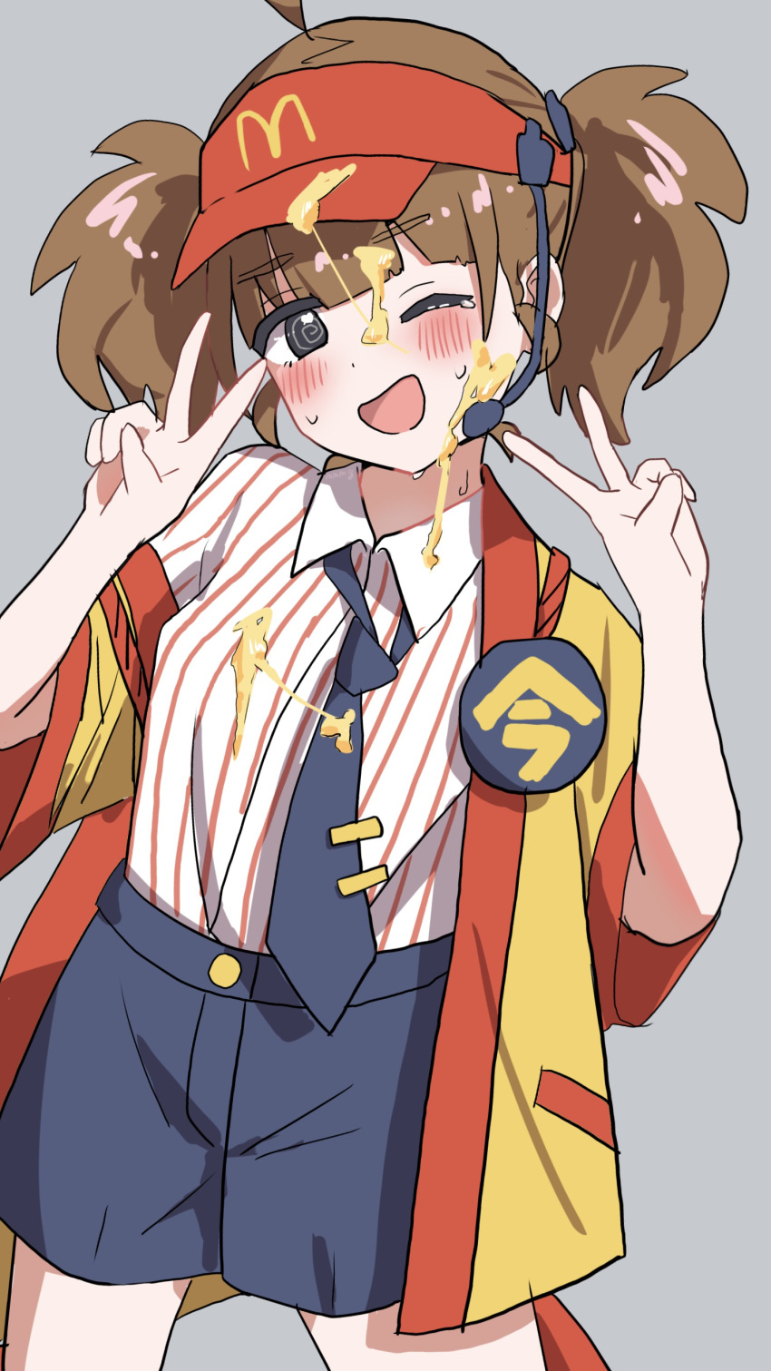 :d @_@ absurdres ahoge artist_name black_eyes black_necktie black_shorts blunt_bangs blush breasts brown_hair cheese collared_shirt cowboy_shot double_cheese_(mcdonald's) double_v dress_shirt employee_uniform fast_food_uniform female food food_on_face grey_background happi hat headset highres japanese_clothes looking_at_viewer loose_necktie mcdonald's medium_hair messy microphone momo_hamo_(momo_yunokikko) necktie open_mouth pinstripe_pattern pinstripe_shirt red_hat red_shirt red_trim shirt short_sleeves shorts signature simple_background small_breasts smile solo standing striped_clothes striped_shirt suggestive_fluid tie_clip twintails two-tone_shirt v vertical-striped_clothes vertical-striped_shirt visor_cap white_shirt yellow_happi