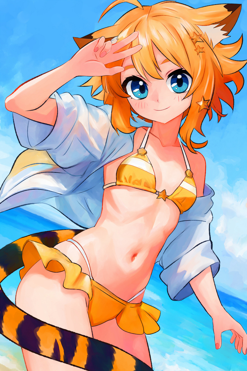 absurdres ahoge animal_ears bikini blue_eyes blue_sky breasts commentary_request female hair_ornament highres jacket looking_at_viewer mixed-language_commentary navel ocean open_clothes open_jacket orange_bikini orange_hair original outdoors short_hair sky small_breasts smile solo star_(symbol) star_hair_ornament swimsuit tail tiger_ears tiger_girl tiger_tail tsukiyono_aroe v