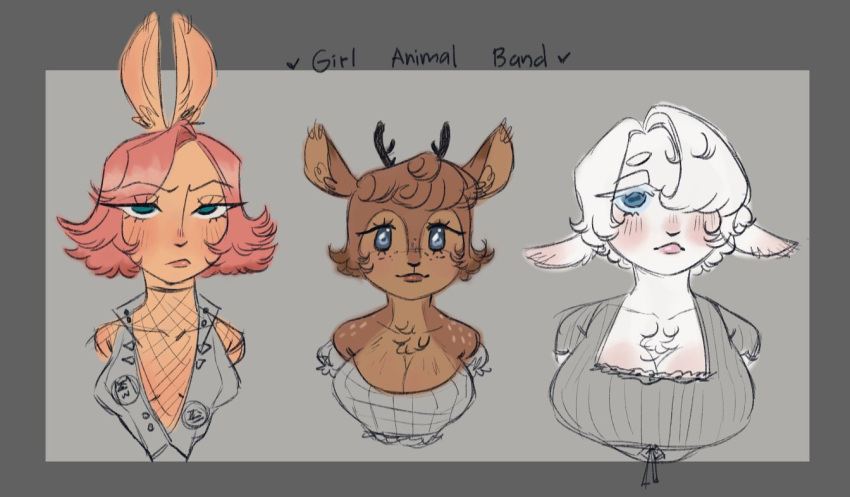 anthro blue_eyes blush border bovid bovine breasts brown_body brown_fur brown_hair bust_portrait caprine deer english_description female fur grey_border group hair hair_over_eye lagomorph leporid looking_at_viewer mammal pink_hair portrait rabbit sheep sheep4sleep1915_(artist) simple_background tan_body tan_fur trio white_body white_fur