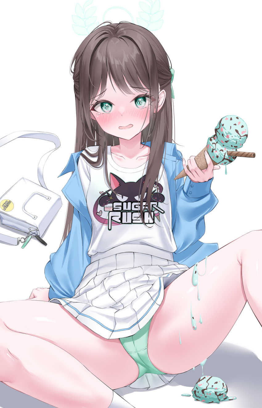 @_@ absurdres accident airi_(band)_(blue_archive) airi_(blue_archive) bag blue_archive blush brown_hair collarbone crying double_scoop embarrassed female food food_on_body food_on_legs green_panties highres holding holding_food holding_ice_cream holding_ice_cream_cone ice_cream ice_cream_cone ice_cream_cone_spill long_hair looking_at_viewer melting mint_chocolate official_alternate_costume open_mouth panties print_shirt sad shirt simple_background skirt solo spill tears underwear wfa5051 white_background white_skirt