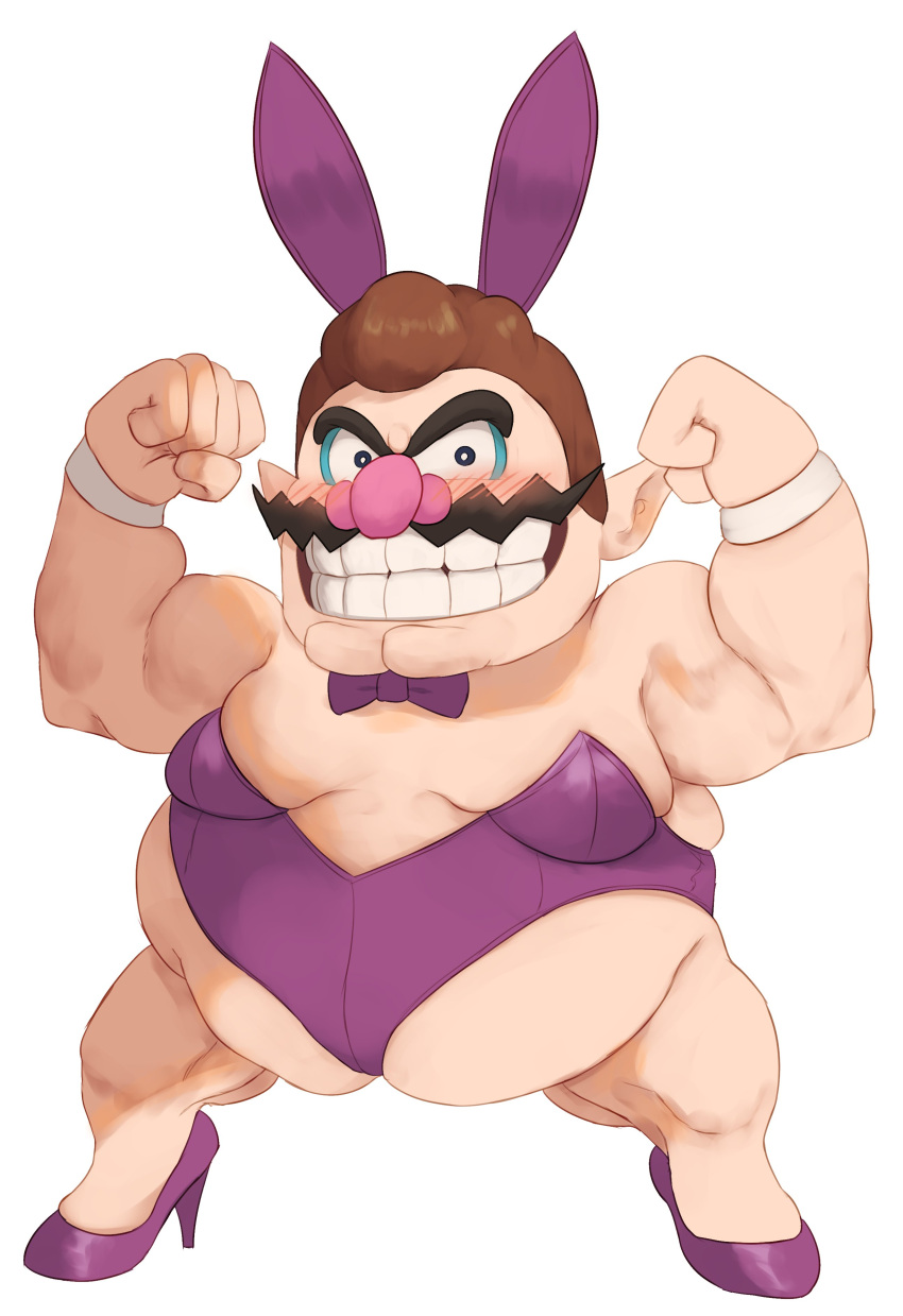 1boy absurdres animal_ears black_eyes blush bow bowtie brown_hair clenched_hands english_commentary facial_hair fake_animal_ears fat fat_man flexing full_body grin high_heels highres leotard male_focus male_playboy_bunny mario_(series) moustache pointy_ears purple_bow purple_bowtie purple_footwear purple_leotard rabbit_ears short_hair simple_background skindentation smile standing strapless strapless_leotard teeth very_short_hair wario white_background wrist_cuffs zelc-face