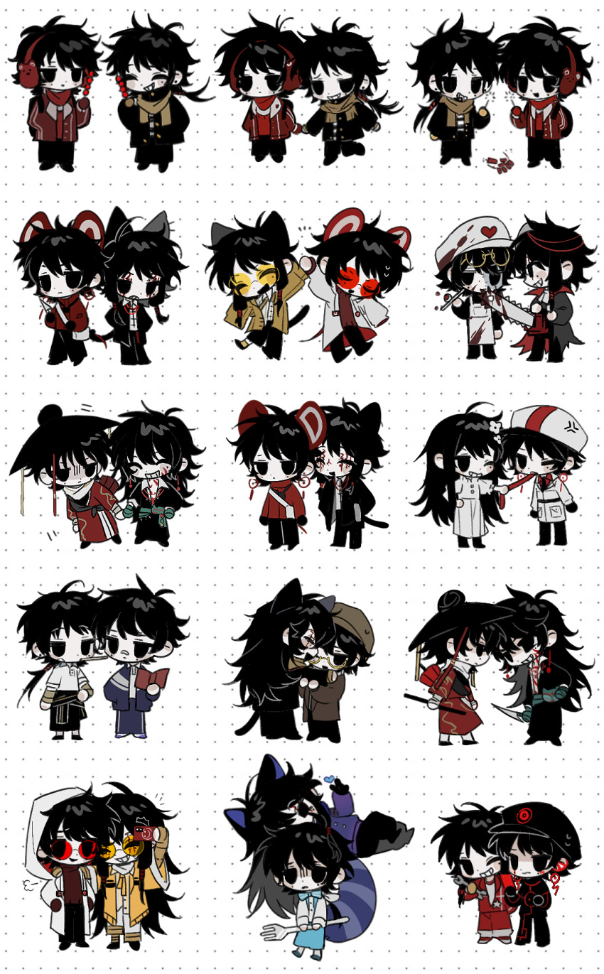 5boys ahoge animal_earmuffs animal_ears apron bag bai_yuan black_coat black_eyes black_footwear black_gloves black_hair black_hat black_jacket black_pants blood blood_on_clothes blood_on_weapon blue_jacket blue_pants blush_stickers brown_coat brown_hat camera cat_boy cat_ears cat_tail cen_boyao chainsaw chibi chibi_only chinese_clothes chinese_commentary clenched_teeth closed_eyes closed_mouth coat collared_shirt colored_skin commentary_request crossdressing dress earmuffs earrings expressionless facepaint flower frown glasses gloves grey_bag grey_coat grey_dress grey_hat grey_shirt grin hair_flower hair_ornament hand_on_own_hip hanfu hat heart high_five highres holding holding_camera holding_chainsaw holding_hands holding_knife huayangshan_jishi jacket jewelry jitome kemonomimi_mode knife li_yuting_(male) long_hair long_sleeves male_focus mole mole_under_each_eye mole_under_eye mouse_ears mouse_tail multiple_boys multiple_moles multiple_views nuobeiyhengaoxingrenshini official_alternate_costume one_eye_closed open_clothes open_jacket open_mouth otoko_no_ko pants pulling_tongue red-tinted_eyewear red_gloves red_hanfu red_jacket red_pants red_scarf red_sweater round_eyewear scarf semi-rimless_eyewear shirt short_hair short_hair_with_long_locks shoulder_bag simple_background smile sweat sweater tail teeth tinted_eyewear touqi_guaitan two-sided_coat two-sided_fabric weapon white_apron white_background white_shirt white_skin yellow-framed_eyewear yellow-tinted_eyewear yellow_gloves yellow_jacket zhao_yuwen ziche_fuzhao