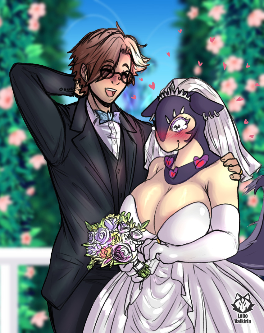 2024_pokemon_gigaleak absurd_res anthro arm_around_shoulders artist_logo bare_shoulders big_breasts black_tie_(suit) blue_bow_tie blush blush_lines bodily_fluids bouquet bow_tie breasts brown_hair cleavage closed_eyes clothed clothing crying digit_ring dress duo ear_piercing ear_ring eyebrow_piercing eyelid_piercing eyeliner eyewear facial_piercing female female_anthro finger_ring flower flower_bouquet fully_clothed generation_8_pokemon glass glasses hair hand_behind_head happy heart_symbol hearts_around_head hi_res hisuian_form hisuian_typhlosion human human_on_anthro interspecies interspecies_romance jewelry lobovalkiria logo love makeup male male/female male_human mammal nervous_smile nintendo open_mouth piercing plant pokemon pokemon_(species) pokephilia regional_form_(pokemon) ring ring_piercing romantic romantic_couple round_glasses smile standing suit tears tears_of_joy veil wedding wedding_dress wedding_ring wedding_veil white_clothing white_dress