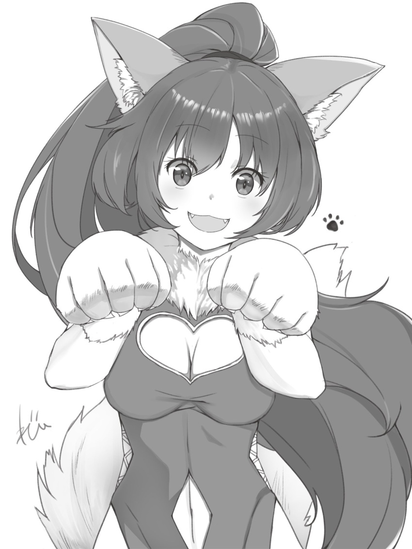 :d animal_ears animal_hands breasts cat_ears cat_tail cleavage cleavage_cutout clothing_cutout female greyscale heart_cutout highres izupix leotard long_hair looking_at_viewer monochrome navel_cutout open_mouth perisie_(star_ocean) ponytail simple_background smile solo star_ocean star_ocean_first_departure tail white_background