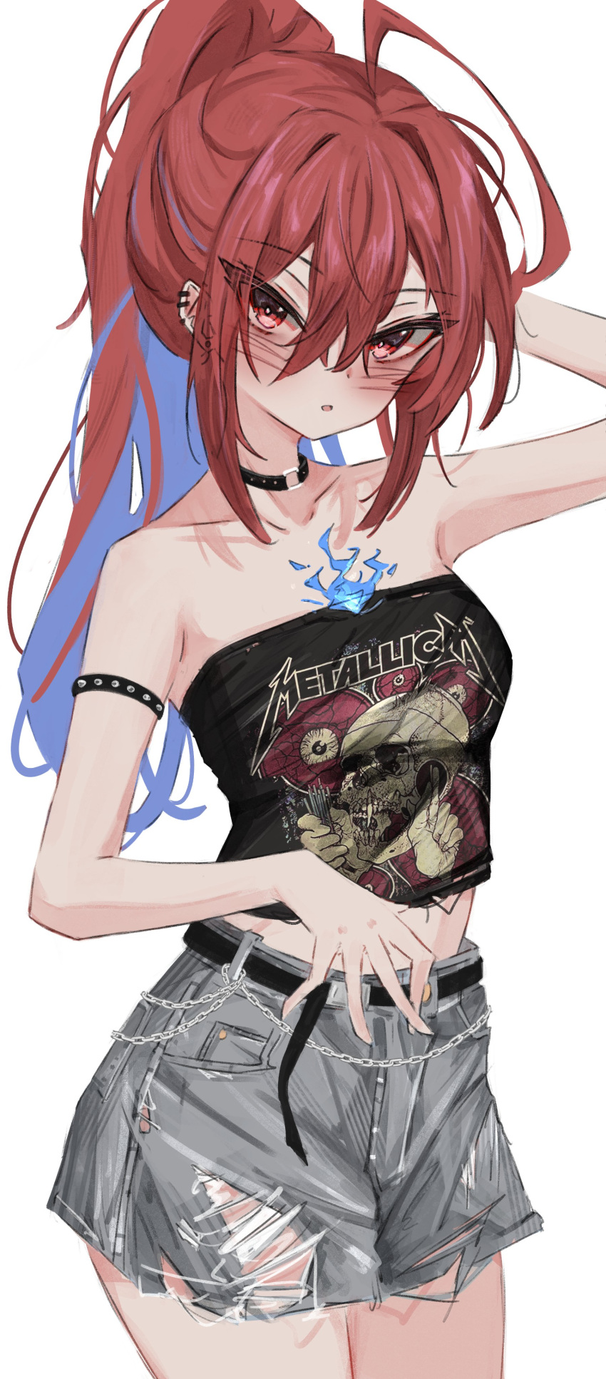 :o absurdres ahoge akarinnndesu arm_up armband armlet armpit_crease belt black_belt black_choker blue_fire blue_hair blush chain_belt chains choker collarbone colored_inner_hair crop_top denim denim_skirt ear_piercing earrings elizabeth_rose_bloodflame female fire hair_between_eyes hand_on_own_head highres hololive hololive_english huge_ahoge jewelry metallica midriff multicolored_hair o-ring o-ring_choker piercing print_shirt red_eyes red_hair shirt simple_background skirt solo spiked_armlet strapless strapless_shirt thighhighs torn_clothes virtual_youtuber white_background