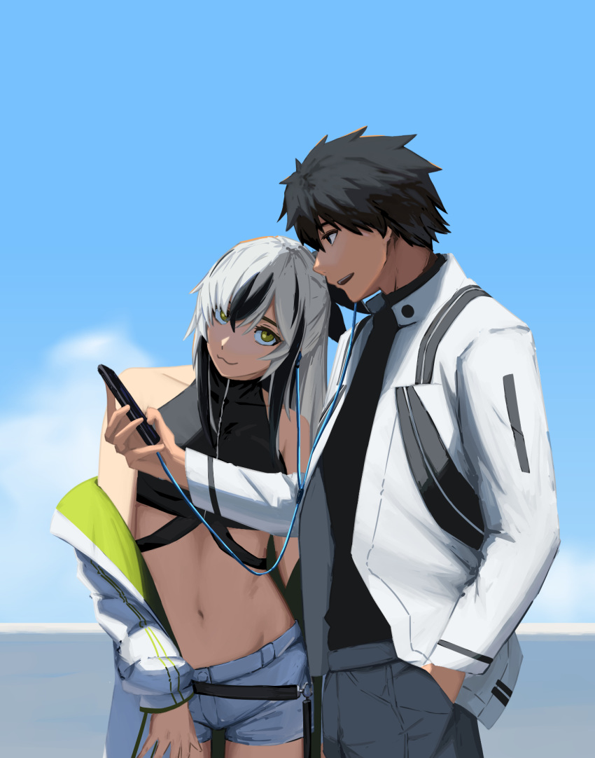 1boy :3 bare_shoulders black_hair black_ribbon black_shirt blue_shorts blue_sky cellphone crop_top earphones fate/grand_order fate_(series) female fujimaru_ritsuka_(male) green_eyes green_jacket hand_in_pocket highres holding holding_phone jacket listening_to_music midriff multicolored_clothes multicolored_hair navel open_clothes open_jacket paperpillar phone ribbon shared_earphones shirt short_shorts shorts sky sleeveless sleeveless_turtleneck smartphone turtleneck uesugi_kenshin_(second_ascension)_(fate) white_hair white_jacket