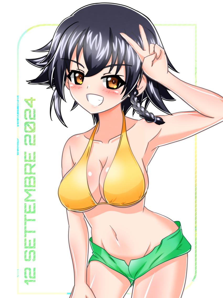 bikini bikini_shorts black_hair braid breasts brown_eyes cowboy_shot dated earlobe1514366 female girls_und_panzer grin groin halterneck hand_on_own_thigh highres italian_text leaning_forward looking_at_viewer medium_breasts mismatched_bikini navel one_eye_closed outside_border pepperoni_(girls_und_panzer) short_hair shorts side_braid smile solo standing swimsuit v yellow_bikini