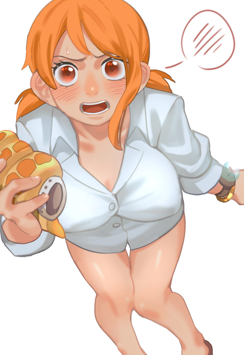 bangle bare_legs blush bracelet breasts brown_eyes collarbone commentary_request dress_shirt embarrassed feet_out_of_frame female highres holding jewelry large_breasts log_pose looking_at_viewer low_twintails medium_hair nami_(one_piece) official_alternate_costume official_alternate_hairstyle one_piece one_piece:_strong_world open_mouth orange_hair pandar_op shirt simple_background single_sidelock solo spoken_blush standing twintails white_background white_shirt