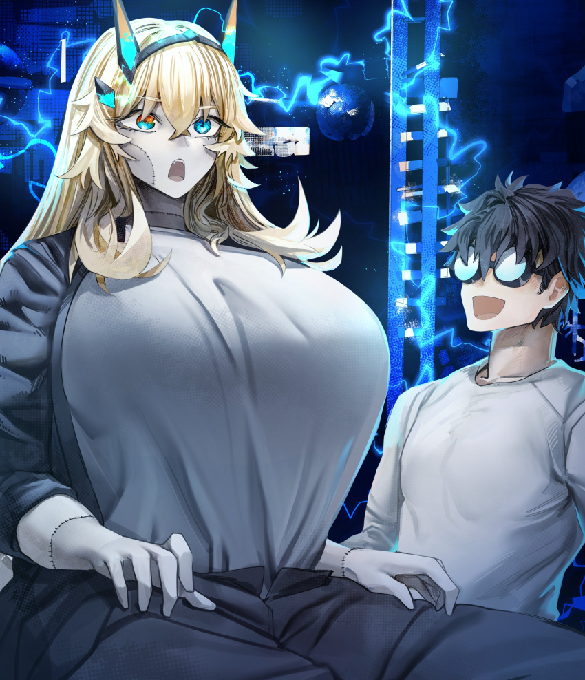 absurdres barghest_(fate) black_hair blonde_hair breasts cosplay electricity fate/grand_order fate_(series) female frankenstein frankenstein's_monster frankenstein's_monster_(cosplay) fujimaru_ritsuka_(male) gigantic_breasts glasses green_eyes highres horns long_hair long_sleeves obazzotto shirt short_hair white_shirt