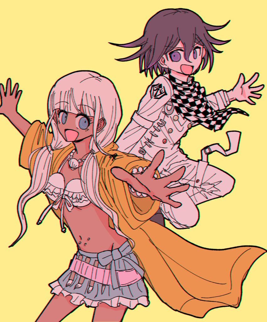 1boy arm_belt bead_necklace beads bikini bikini_top_only blue_eyes blunt_bangs breasts buttons checkered_clothes checkered_scarf danganronpa_(series) danganronpa_v3:_killing_harmony dark-skinned_female dark_skin female flipped_hair frills ganguro gyaru hair_between_eyes highres jewelry long_hair long_sleeves looking_at_viewer low_twintails multicolored_buttons navel_piercing necklace neri_ume oma_kokichi open_mouth outstretched_arms piercing purple_eyes purple_hair scarf shell shell_necklace short_hair simple_background skirt smile straitjacket swimsuit thigh_strap twintails two-tone_scarf white_hair yellow_background yellow_raincoat yellow_theme yonaga_angie