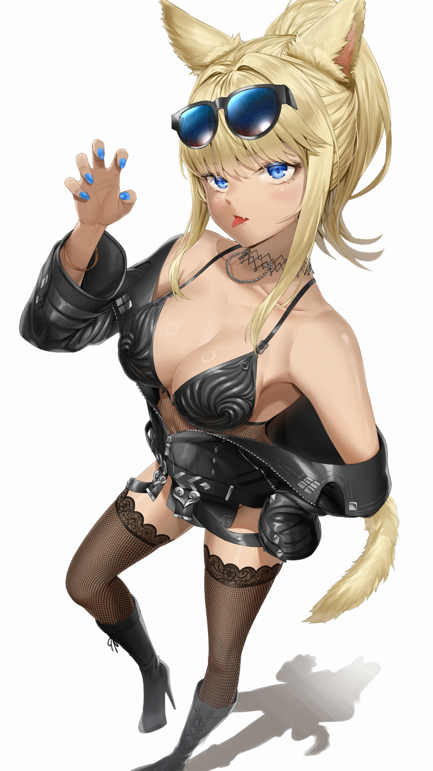 absurdres armpits bikini black_bikini blonde_hair blue_eyes boots bracelet breasts claw_pose cleavage commission dark-skinned_male dark_skin eyebrows_hidden_by_hair eyewear_on_head female final_fantasy final_fantasy_xiv fishnet_thighhighs fishnets full_body gyaru hair_between_eyes high_heels highres jacket jewelry knee_boots large_breasts leather leather_jacket looking_at_viewer miqo'te nail_polish navel necklace oerba_yun_fang open_mouth partially_unzipped pixel_(yuxian) pixiv_commission ponytail simple_background solo standing standing_on_one_leg stiletto_heels sunglasses swimsuit thigh_strap thighhighs tongue tongue_out warrior_of_light_(ff14) white_background