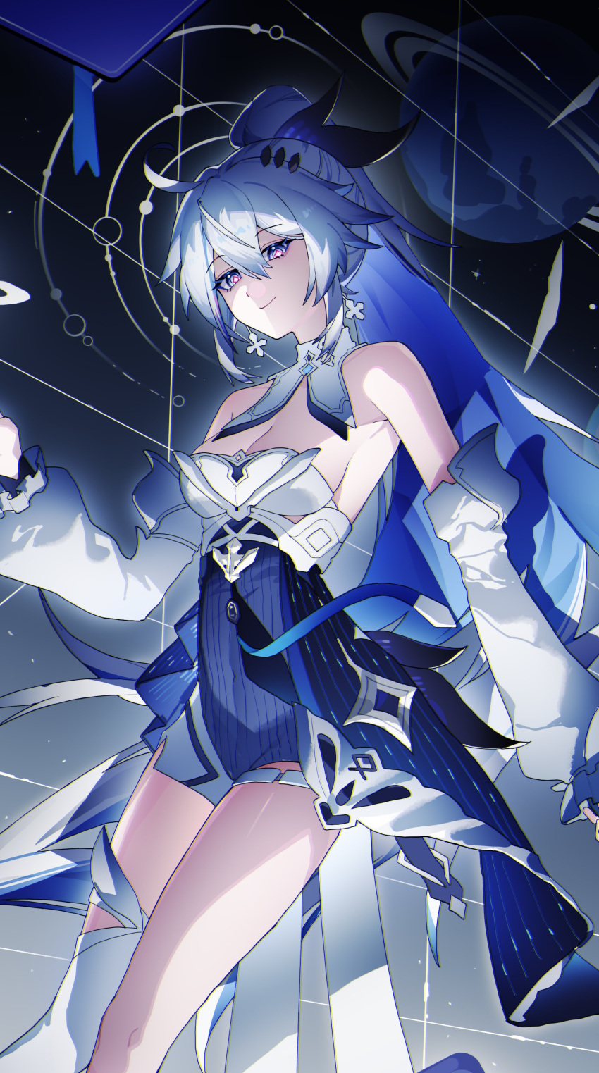 absurdres ahoge alternate_costume bare_shoulders blue_dress blue_eyes breasts cleavage closed_mouth cross cross_earrings detached_sleeves dress earrings female highres honkai_(series) honkai_impact_3rd jewelry kiana_kaslana kiana_kaslana_(herrscher_of_finality) large_breasts legs long_hair planetary_ring ponytail saturn_(planet) smile solo space star-shaped_pupils star_(symbol) symbol-shaped_pupils white_hair yiden_(danbaobao)