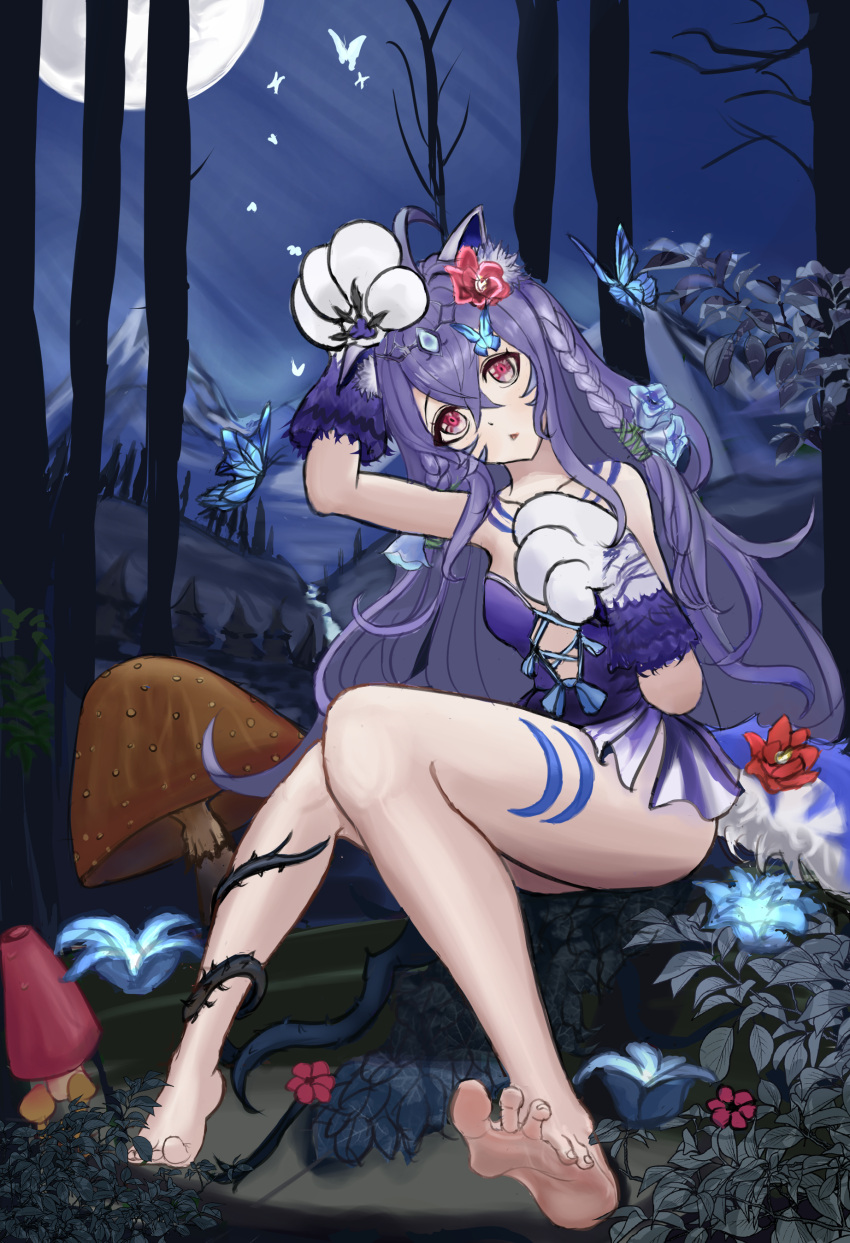 absurdres animal_ears animal_hands bad_feet barefoot breasts brown_dust_(series) brown_dust_2 bug butterfly cat_ears cat_girl cat_tail chyuleumeogneun-aong-i dress eyebrows_hidden_by_hair facial_mark female flower forest full_body full_moon gloves hair_between_eyes hair_flower hair_ornament highres long_hair looking_at_viewer moon mountainous_horizon mushroom nature night open_mouth paw_gloves purple_dress purple_eyes purple_hair red_flower rou_(brown_dust) sitting small_breasts soles solo tail tattoo thorns toes triangle_mouth very_long_hair