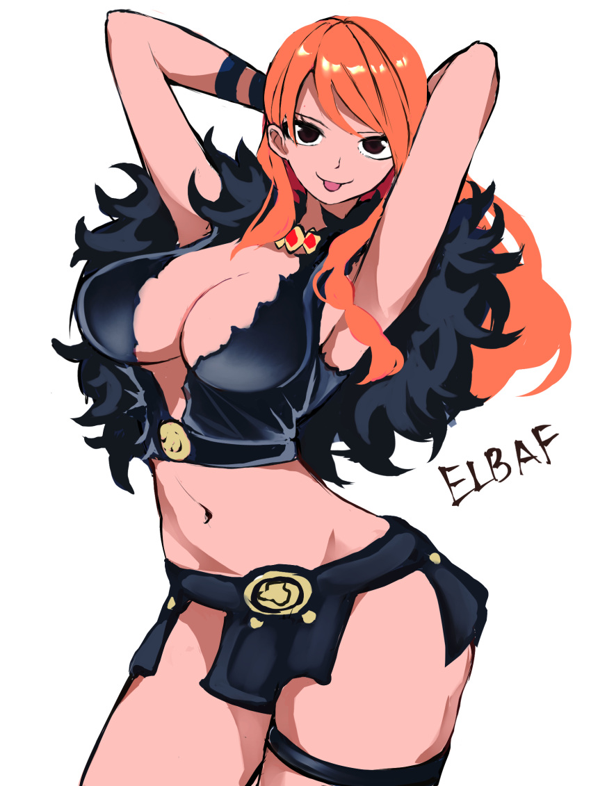 arms_up artist_name black_cape black_eyes black_skirt breasts cape cleavage female fur_cape highres kasumi_6 large_breasts long_hair nami_(one_piece) navel one_piece orange_hair simple_background skirt solo thigh_strap tongue tongue_out white_background