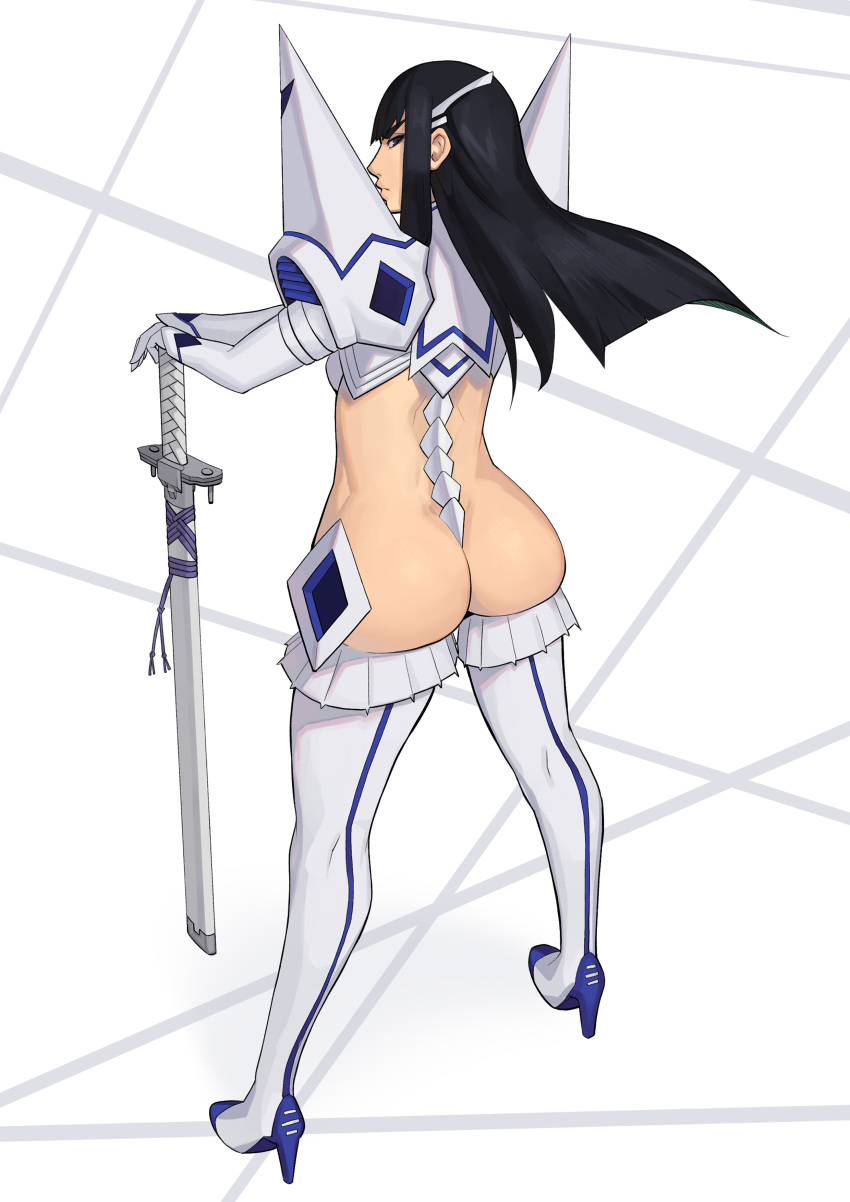 absurdres ass black_eyes black_hair blue_eyes boots english_commentary female from_behind high_heel_boots high_heels highres junketsu kamui_(kill_la_kill) kill_la_kill kiryuuin_satsuki life_fiber living_clothes long_hair nidhoggn revealing_clothes sideways_glance solo sword thigh_boots weapon white_background