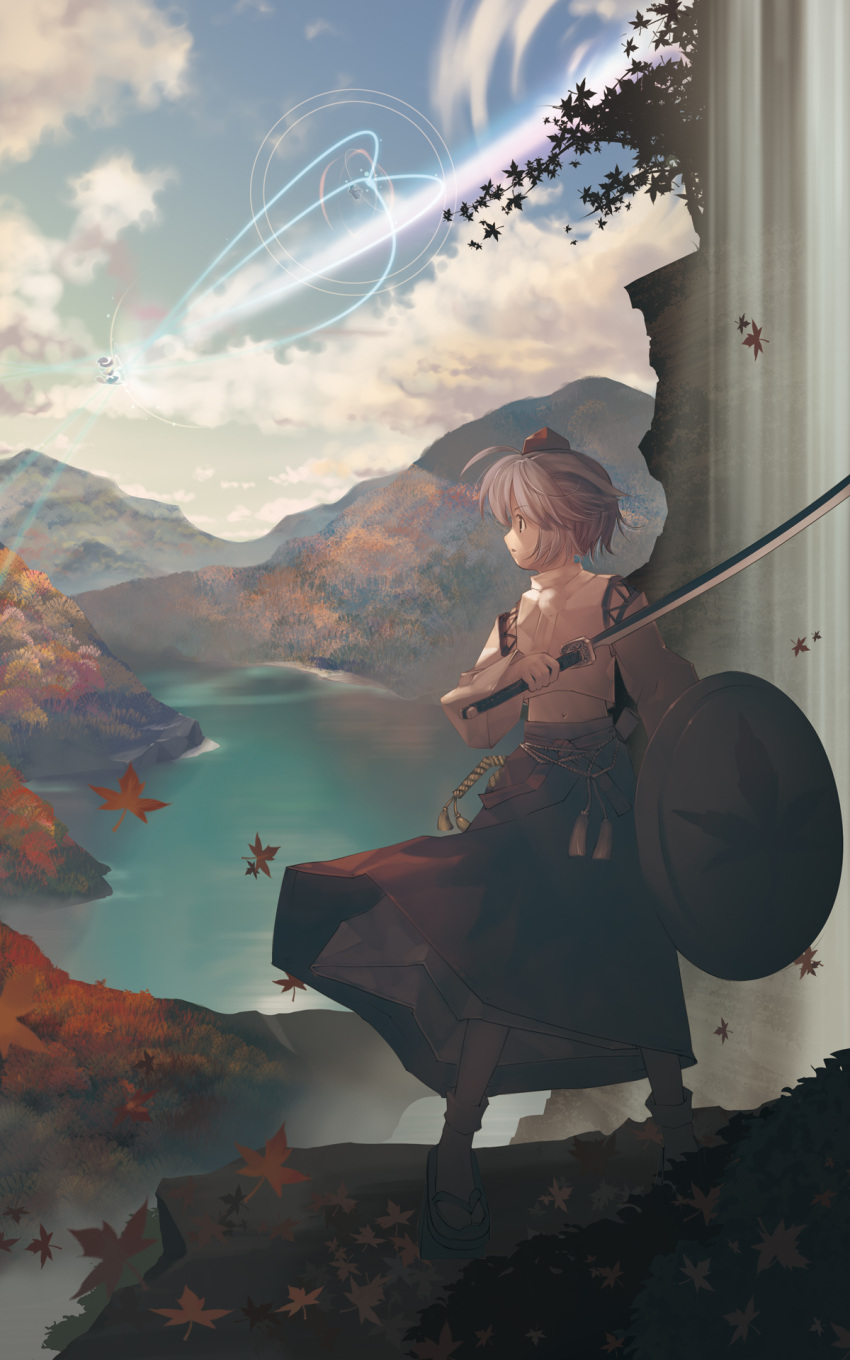 3girls aikura_chihiro autumn beam broom broom_riding brown_headwear commentary_request danmaku day falling_leaves flying geta grey_hair hat highres holding holding_shield holding_sword holding_weapon inubashiri_momiji kawashiro_nitori kirisame_marisa lake landscape leaf long_skirt long_sleeves maple_leaf midriff mountain multiple_girls navel outdoors photoshop_(medium) profile scenery shield shirt short_hair skirt socks standing sword tabi tengu-geta touhou water weapon white_shirt wide_sleeves