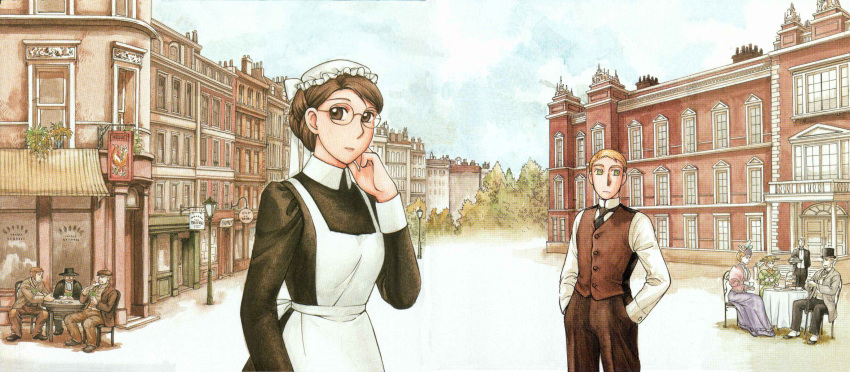 3girls 6+boys butler eleanor_campbell emma_(victorian_romance_emma) glasses grace_jones hat highres maid mori_kaoru multiple_boys multiple_girls official_art richard_jones scan smoking_pipe stevens victorian victorian_maid victorian_romance_emma william_jones