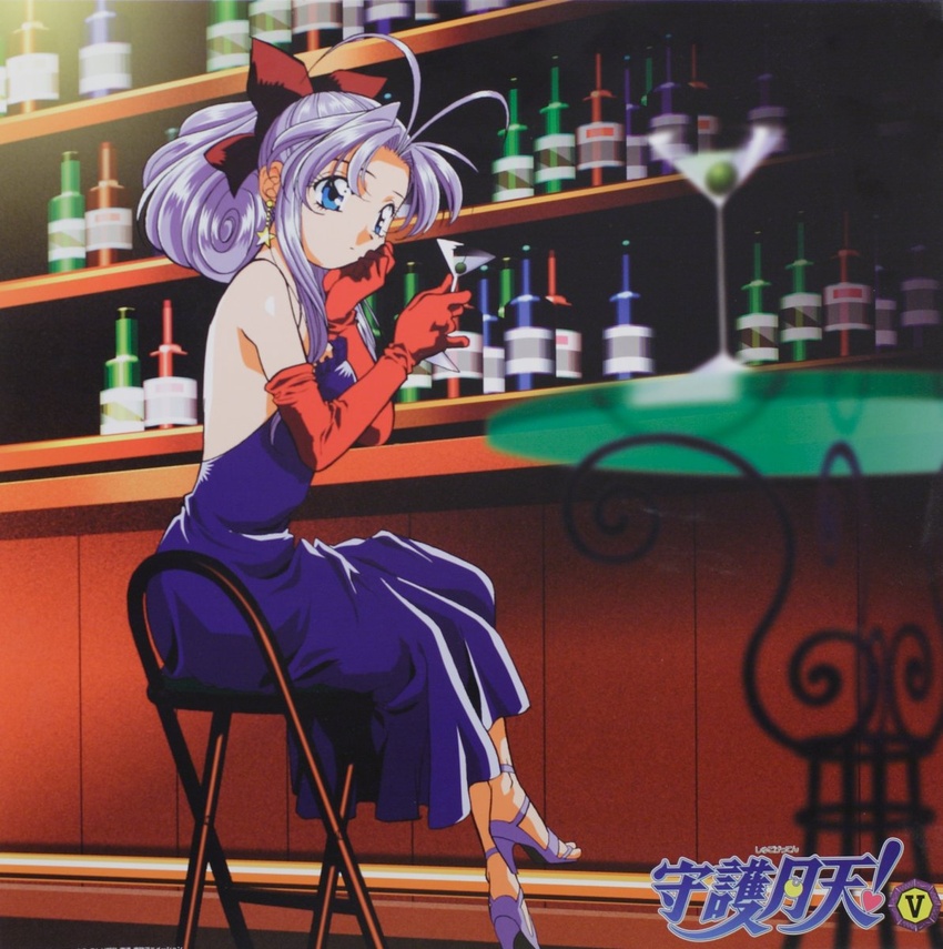 artist_request bar_(place) blue_eyes dress elbow_gloves female glass gloves highres long_hair mamotte_shugogetten! purple_hair shugogetten_shaolin sitting solo