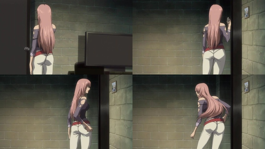 amanda_werner anime_screenshot ass bare_shoulders belt blassreiter brick_wall casual cellphone collage door female from_behind long_hair non-web_source off_shoulder open_mouth pants phone photo_(object) picture_frame pink_hair red_belt television white_pants