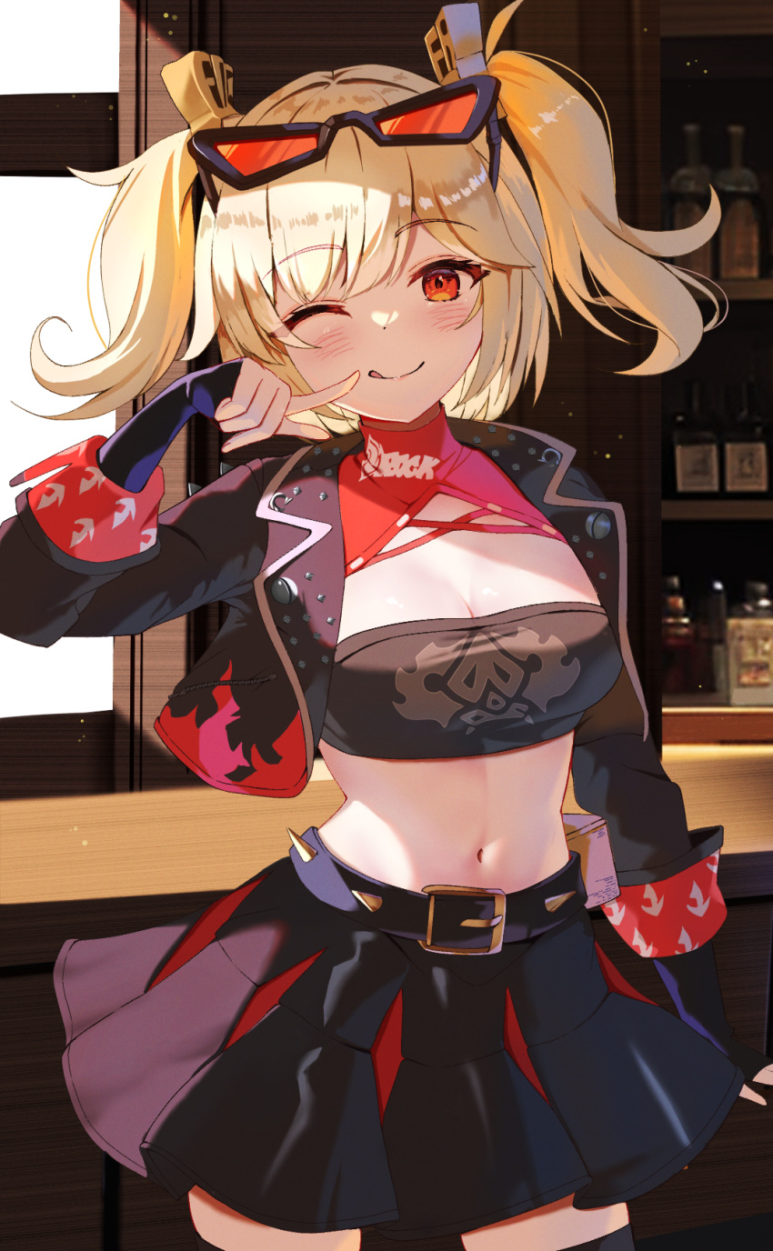 ;q belt black_belt black_jacket black_skirt black_thighhighs blonde_hair blush breasts burnice_white cleavage commentary cowboy_shot eyewear_on_head female file112056 finger_to_mouth hair_between_eyes highres jacket large_breasts long_hair looking_at_viewer midriff navel one_eye_closed red-tinted_eyewear red_eyes sidelighting sidelocks skirt smile solo spiked_belt sunglasses thighhighs tinted_eyewear tongue tongue_out twintails zenless_zone_zero