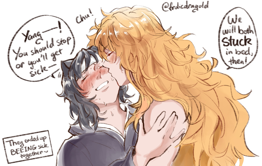 2girls animal_ears black-framed_eyewear blake_belladonna blonde_hair blush cat_ears commentary english_commentary english_text frolicdragold hand_on_another's_shoulder highres kissing kissing_cheek long_hair multiple_girls rwby short_hair simple_background speech_bubble sweat twitter_username white_background yang_xiao_long yuri