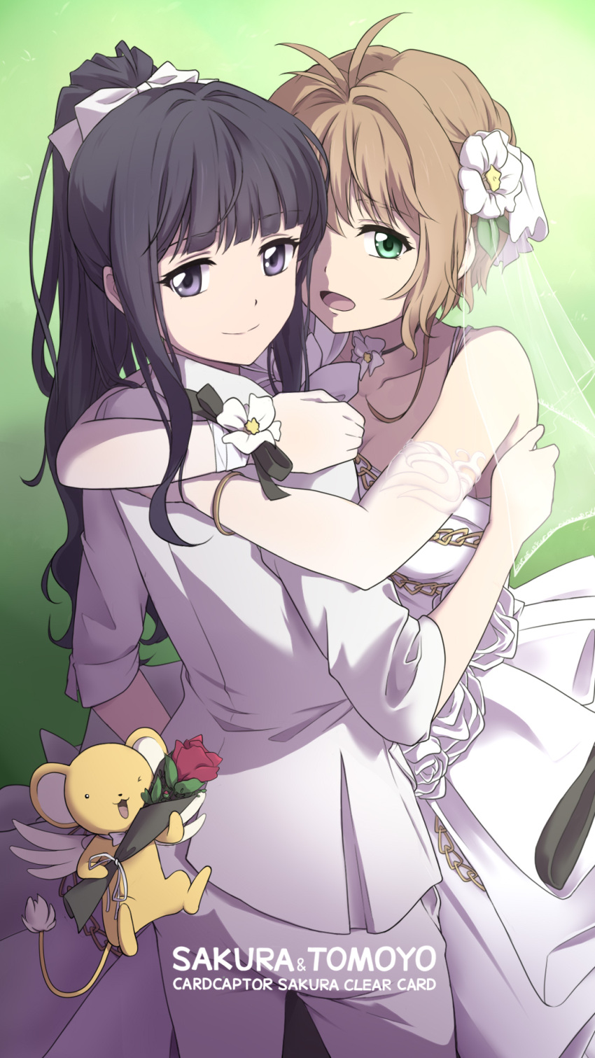 2girls antenna_hair arms_around_neck black_eyes black_hair blunt_bangs breasts bride brown_hair cardcaptor_sakura character_name cleavage closed_mouth collarbone commentary_request copyright_name cowboy_shot daidouji_tomoyo dress elbow_gloves flower gloves green_background green_eyes groom hair_flower hair_intakes hair_ornament high_ponytail highres hug jacket kero_(cardcaptor_sakura) kinomoto_sakura laofuzi_dai_bansho long_dress long_hair medium_breasts multiple_girls open_mouth pants revision sheer_gloves short_hair sleeveless sleeveless_dress smile strapless strapless_dress wedding_dress white_dress white_flower white_gloves white_jacket white_pants wife_and_wife yuri